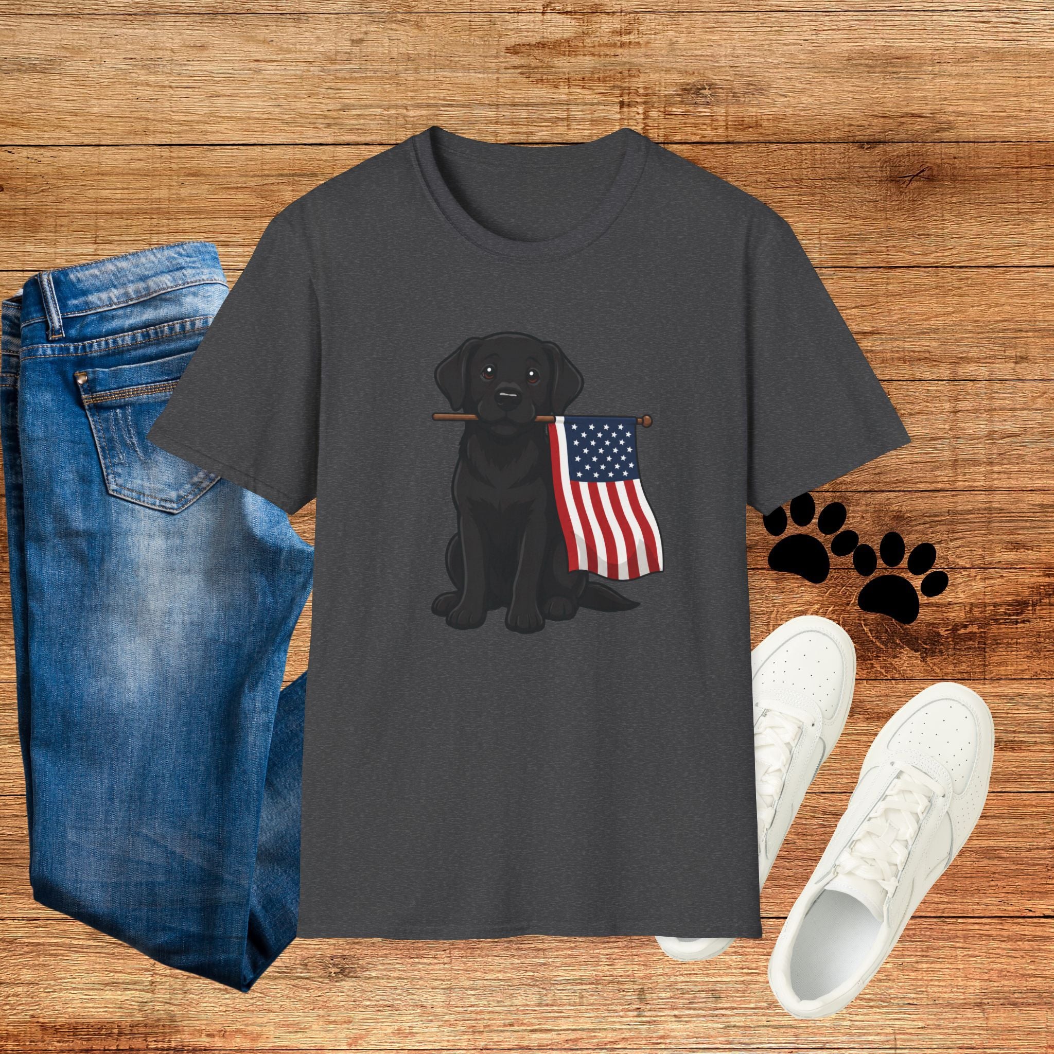 Black Labrador Holding American Flag T-Shirt – Patriotic Dog Tee for 4th of July