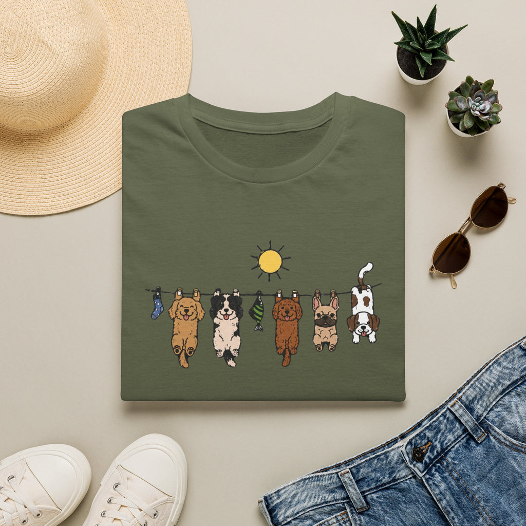 Dog Clothesline Cute Graphic T-Shirt — Hanging Puppies Design