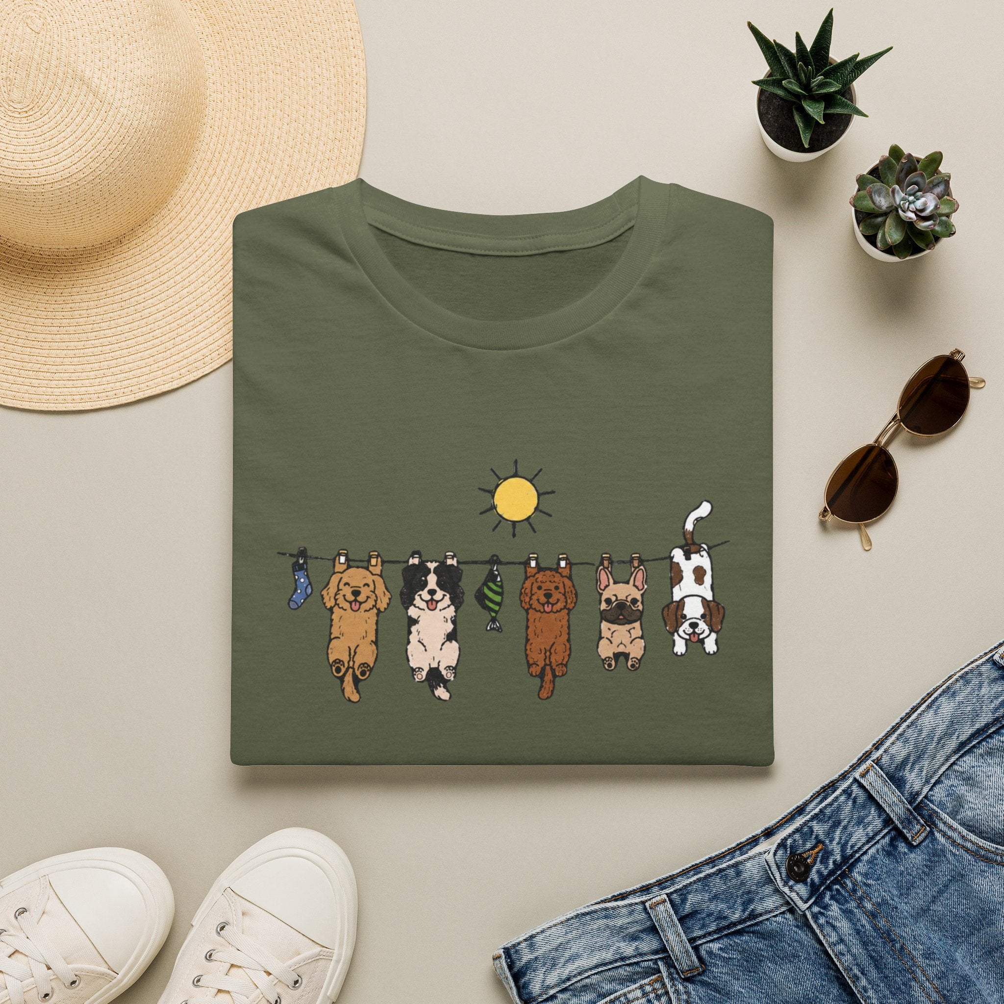 Dog Clothesline Cute Graphic T-Shirt — Hanging Puppies Design