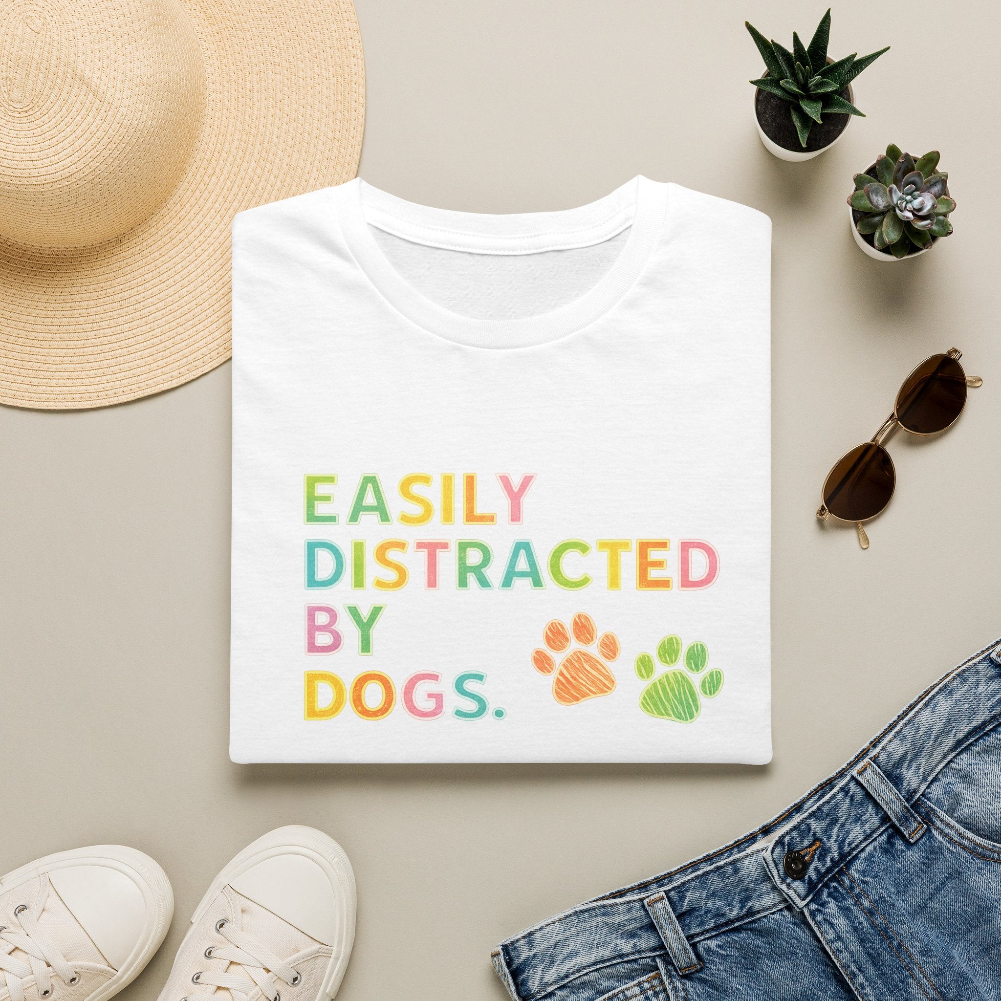 Easily Distracted By Dogs T-Shirt — Cute Colorful Paw Print Tee for Dog Lovers