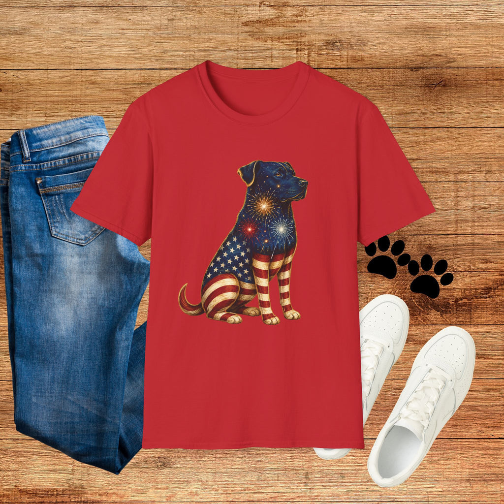 Patriotic Fireworks Dog T-Shirt — American Flag Labrador Graphic Tee