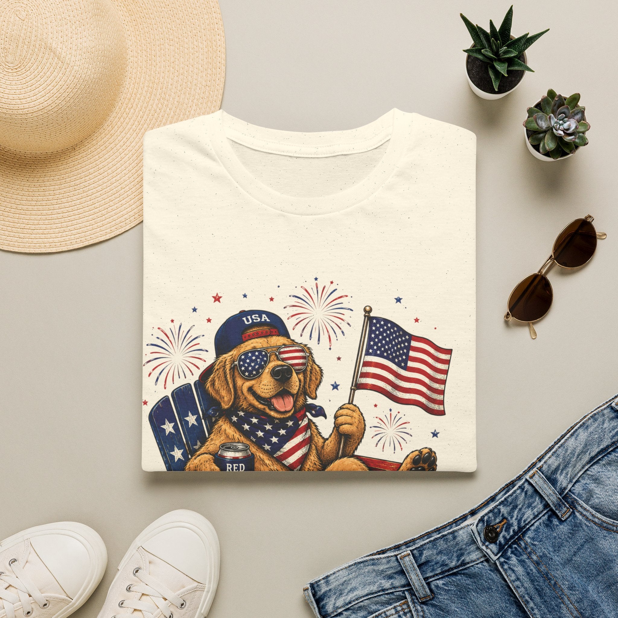Patriotic Golden Retriever T-Shirt — USA Flag, Sunglasses & Fireworks