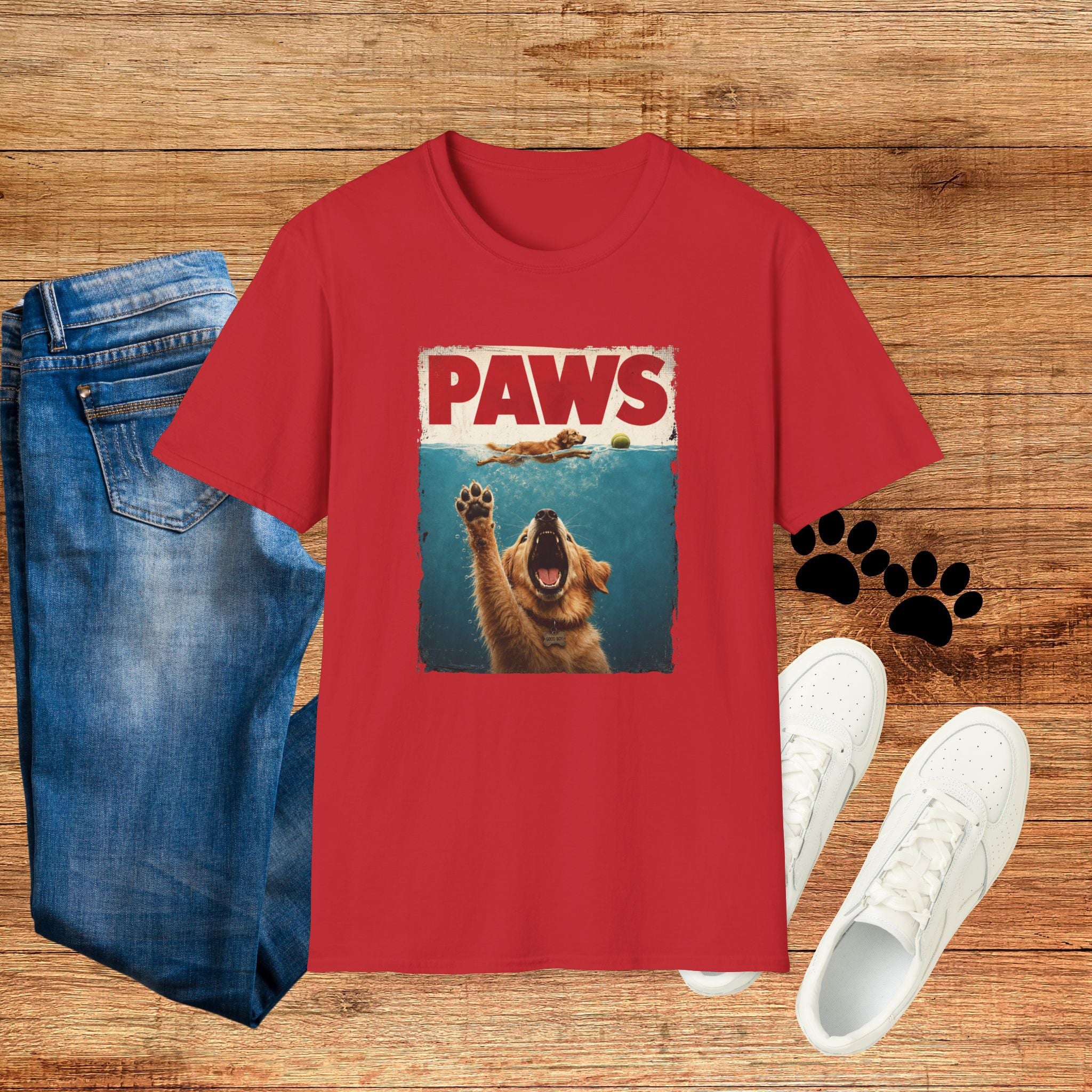 PAWS Dog Parody T-Shirt — Retro Beach Pup Graphic Tee for Dog Lovers
