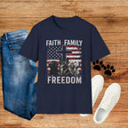 Faith Family Freedom T-Shirt — Cross & American Flag Patriotic Tee