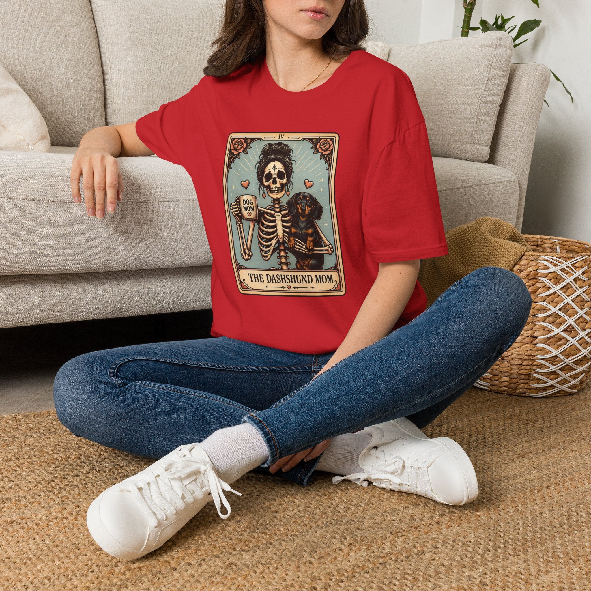 Dachshund Mom Tarot Tee — 'Dog Mom' Skeleton Card Graphic T-Shirt