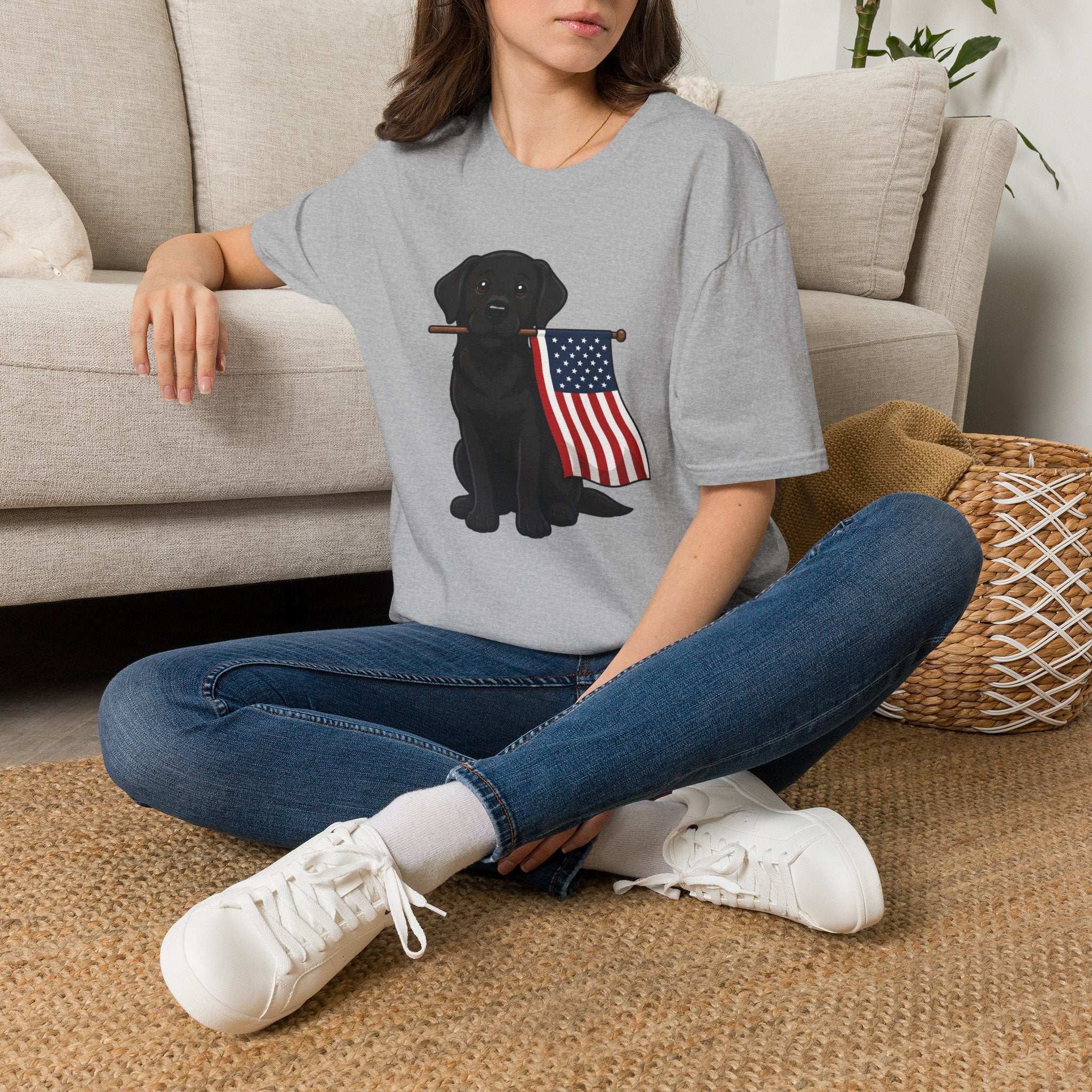 Black Labrador Holding American Flag T-Shirt – Patriotic Dog Tee for 4th of July