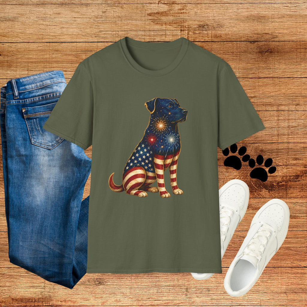 Patriotic Fireworks Dog T-Shirt — American Flag Labrador Graphic Tee