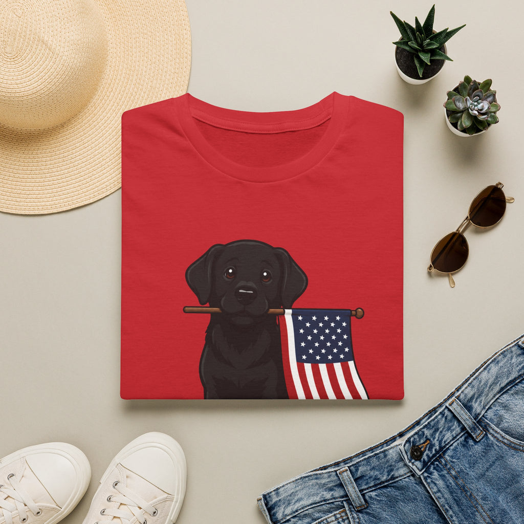 Black Labrador Holding American Flag T-Shirt – Patriotic Dog Tee for 4th of July
