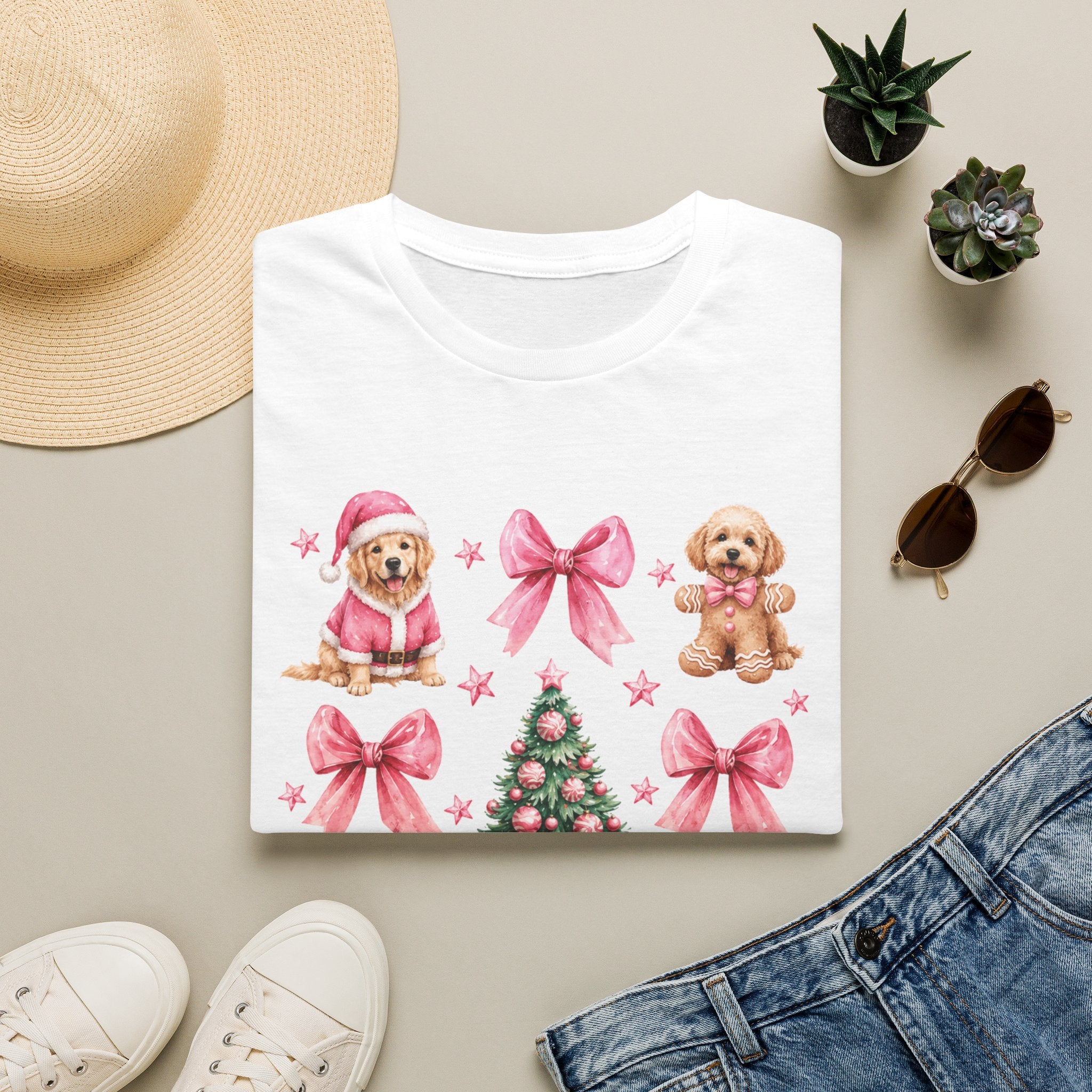Christmas Puppies Graphic T-Shirt — Pink Bows & Tree Holiday Tee