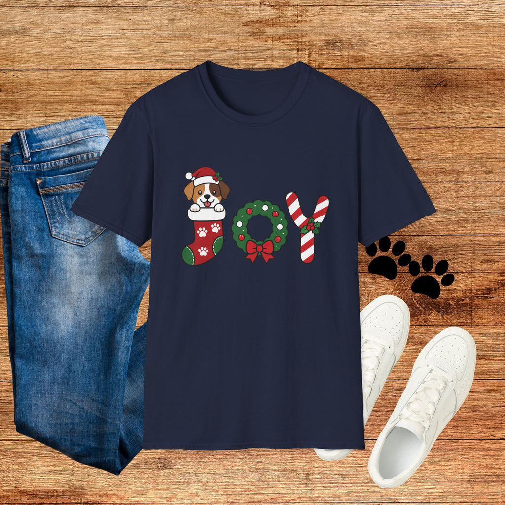 Christmas Joy Dog T-Shirt — Cute Puppy in Stocking & Candy Cane Holiday Tee
