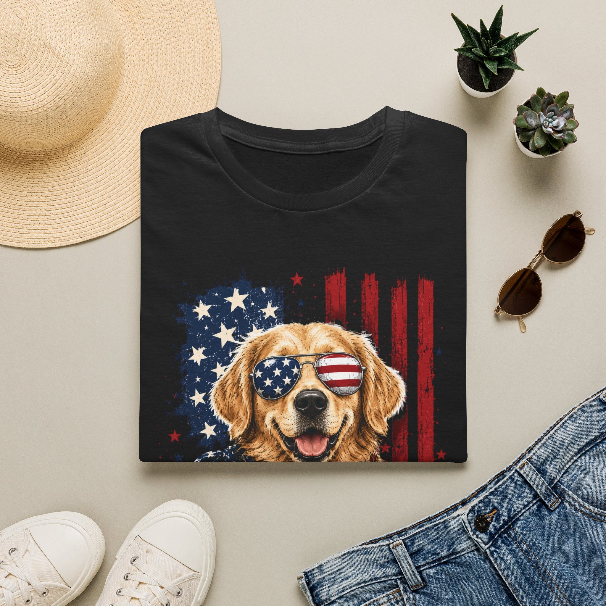 Patriotic Golden Retriever T-Shirt — American Flag Sunglasses & Bandana
