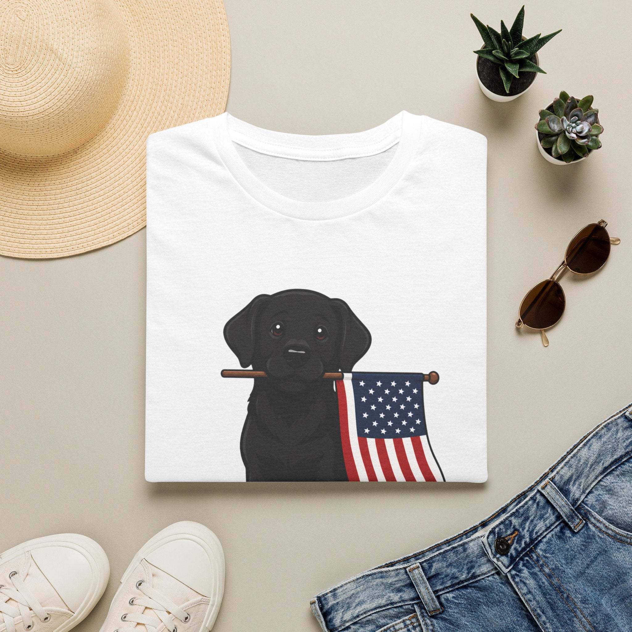 Black Labrador Holding American Flag T-Shirt – Patriotic Dog Tee for 4th of July