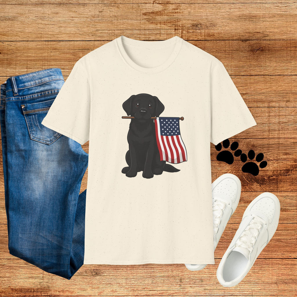Black Labrador Holding American Flag T-Shirt – Patriotic Dog Tee for 4th of July