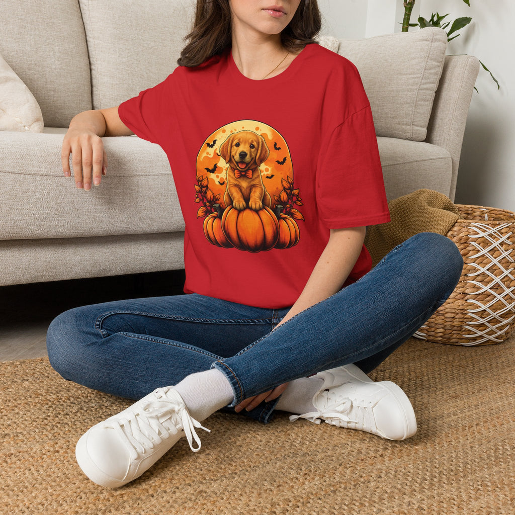 Halloween Pumpkin Puppy T-Shirt — Cute Golden Retriever with Bats & Bowtie