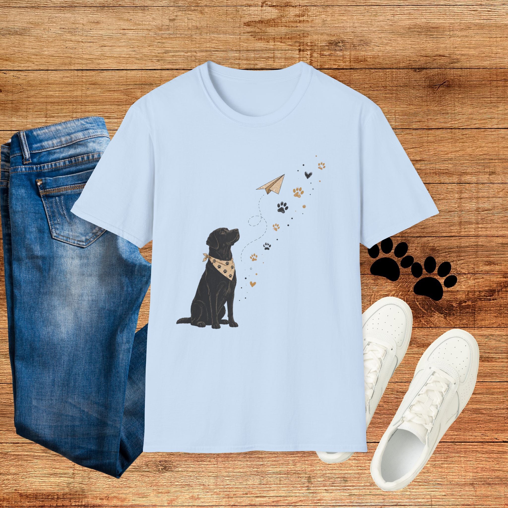 Dog Paw & Paper Airplane T-Shirt — Cute Black Dog Graphic Tee