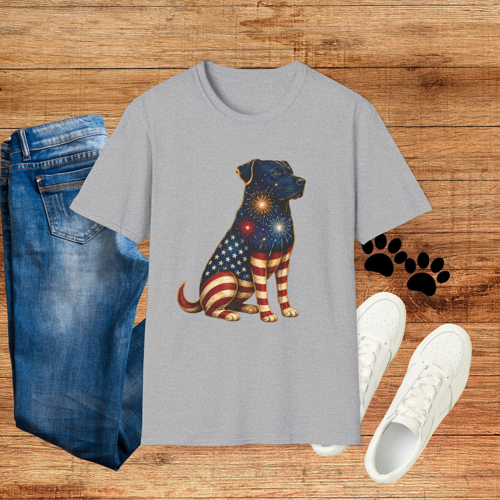 Patriotic Fireworks Dog T-Shirt — American Flag Labrador Graphic Tee