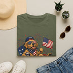 Patriotic Golden Retriever T-Shirt — USA Flag, Sunglasses & Fireworks