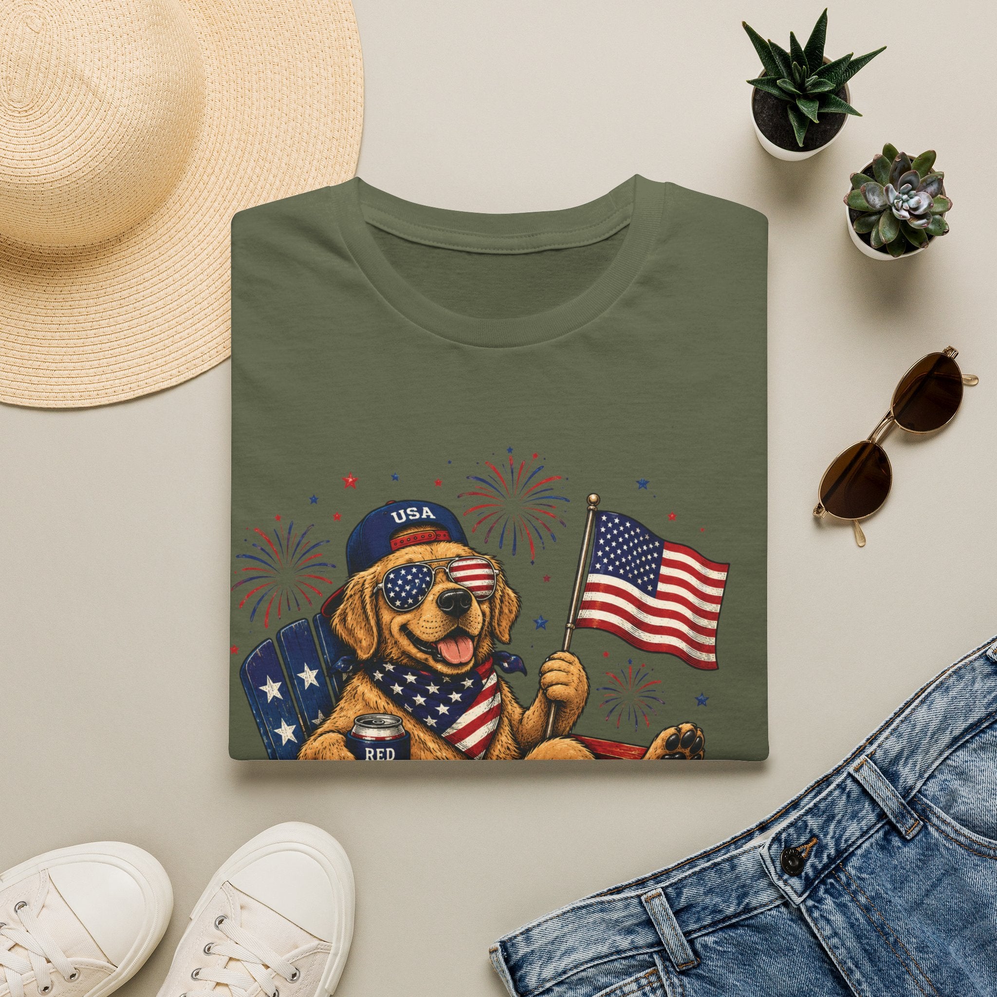 Patriotic Golden Retriever T-Shirt — USA Flag, Sunglasses & Fireworks