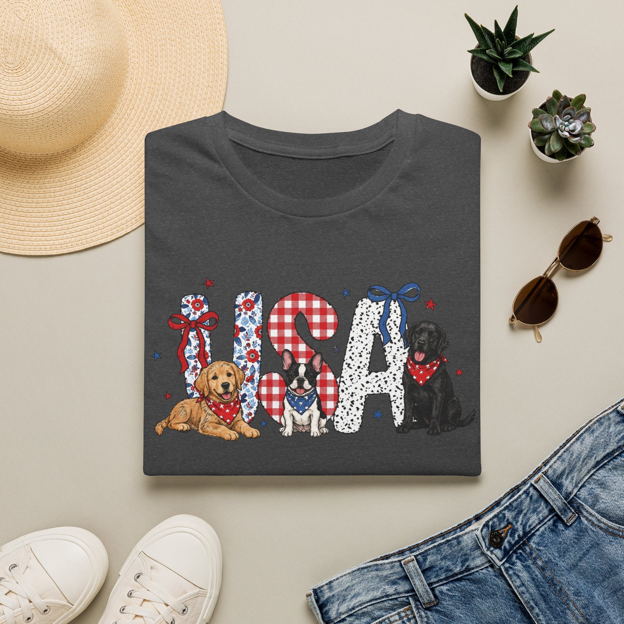 USA Patriotic Dog T-Shirt — Red White Blue Lettering with Labrador & Puppy Design