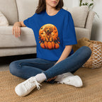 Halloween Pumpkin Puppy T-Shirt — Cute Golden Retriever with Bats & Bowtie