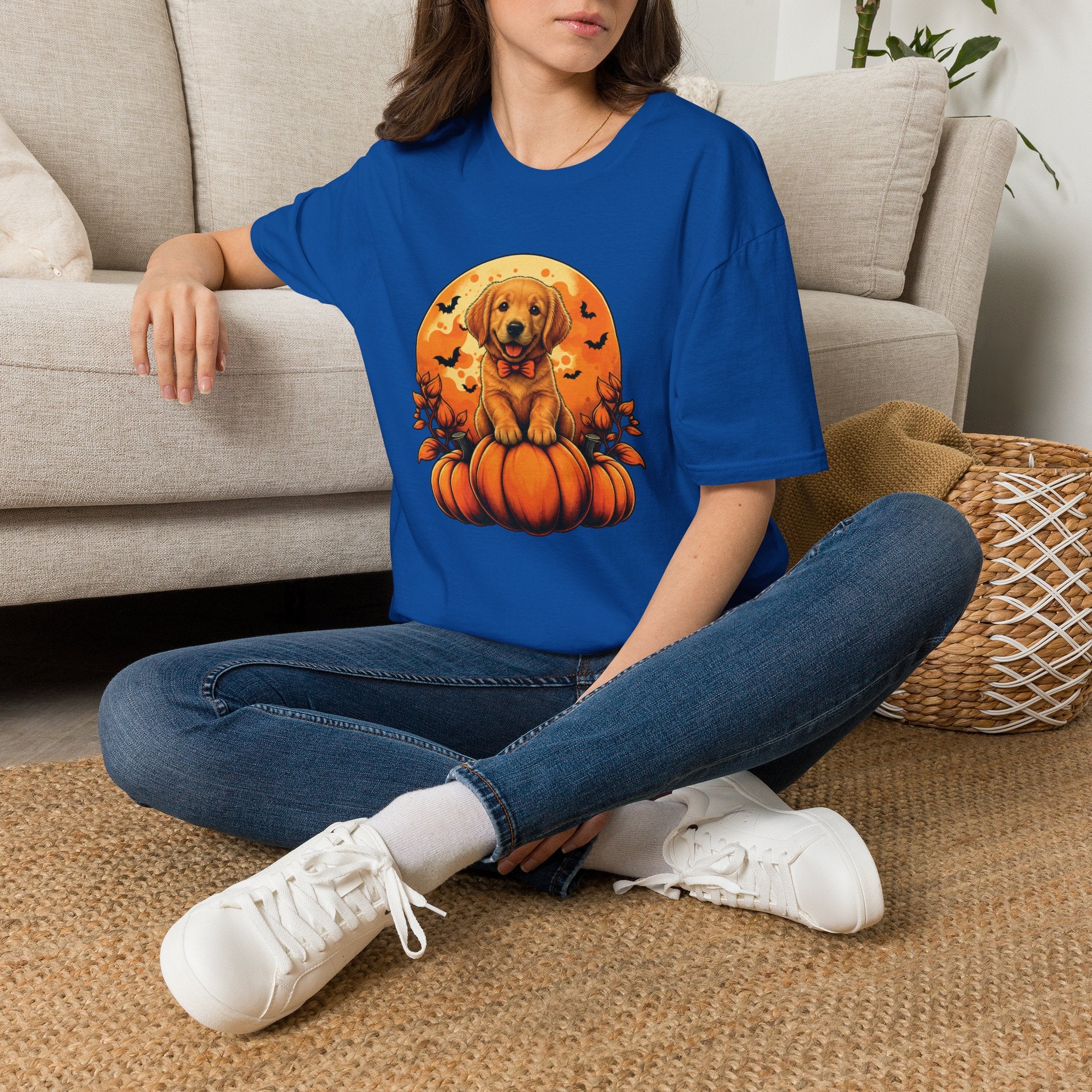 Halloween Pumpkin Puppy T-Shirt — Cute Golden Retriever with Bats & Bowtie