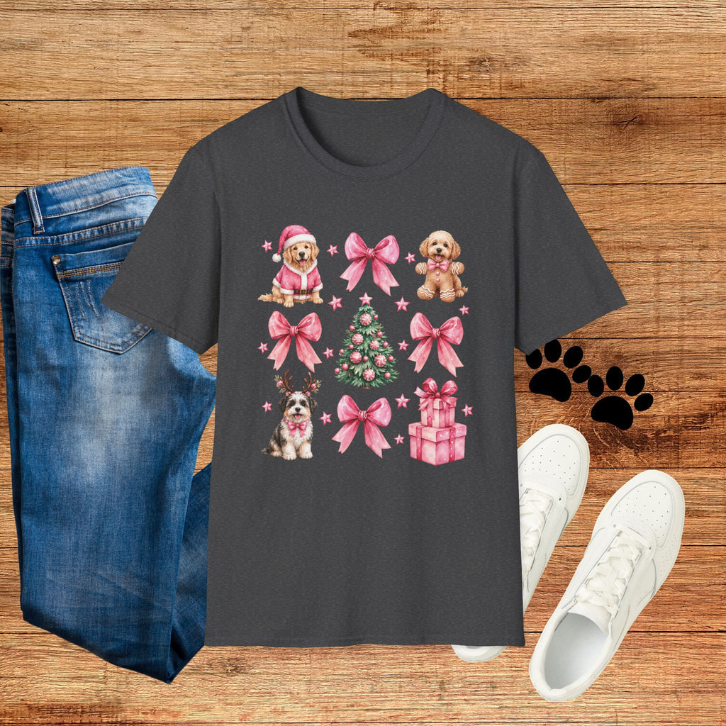 Christmas Puppies Graphic T-Shirt — Pink Bows & Tree Holiday Tee
