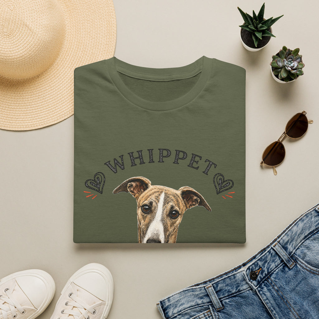 Whippet Dog Mom T-Shirt — Cute Whippet Portrait & Heart Graphic
