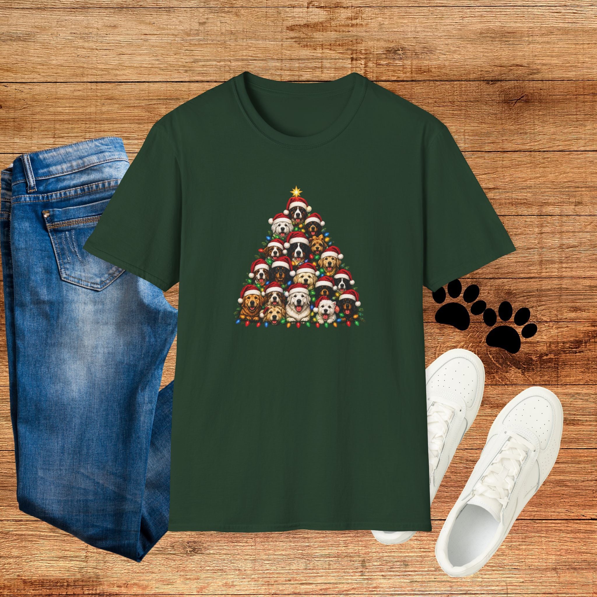Christmas Dog Tree T-Shirt — Cute Holiday Puppies Pyramid Graphic Tee