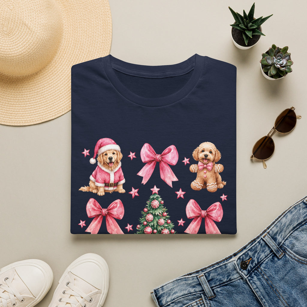 Christmas Puppies Graphic T-Shirt — Pink Bows & Tree Holiday Tee