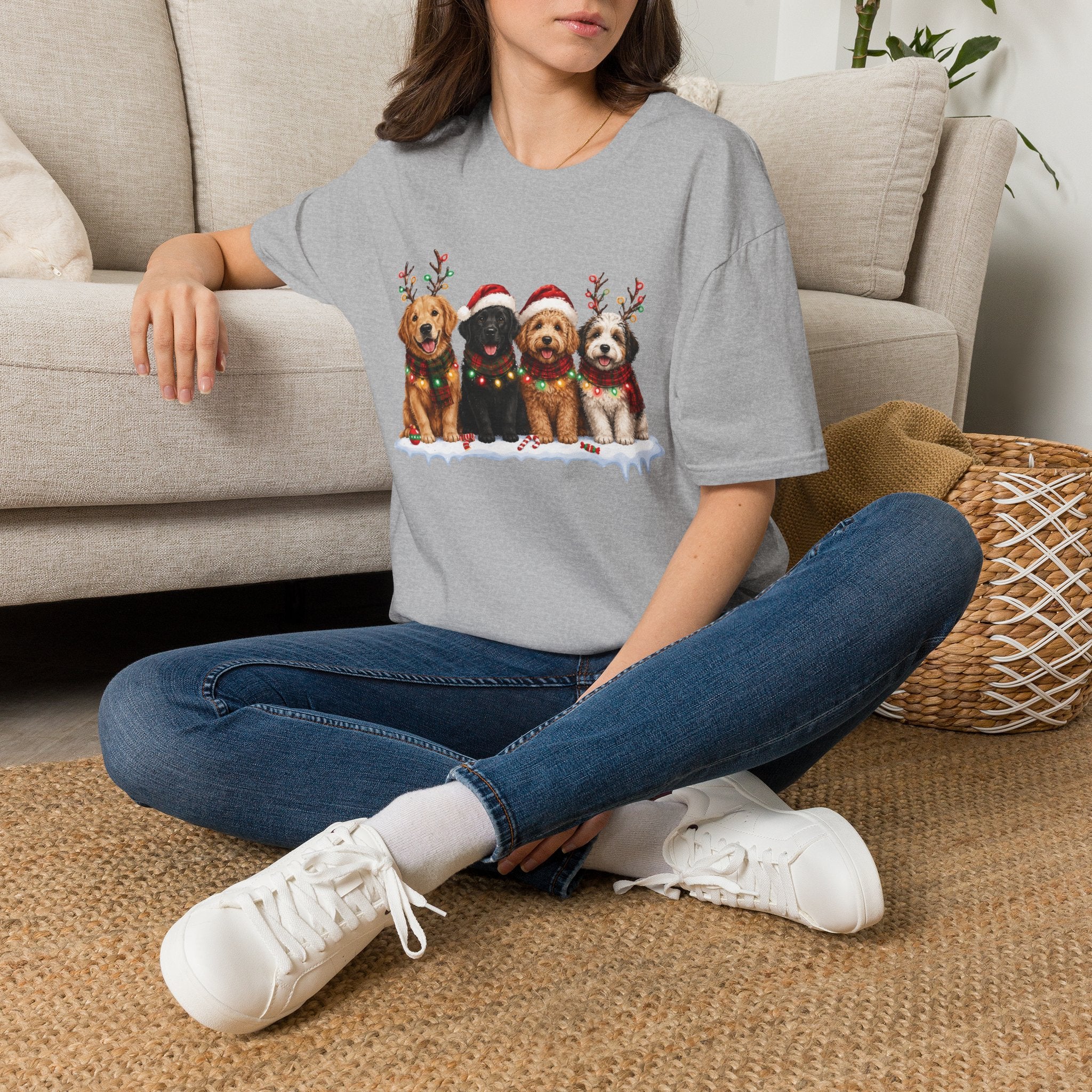 Christmas Dogs T-Shirt — Festive Puppies with Santa Hats & Reindeer Antlers