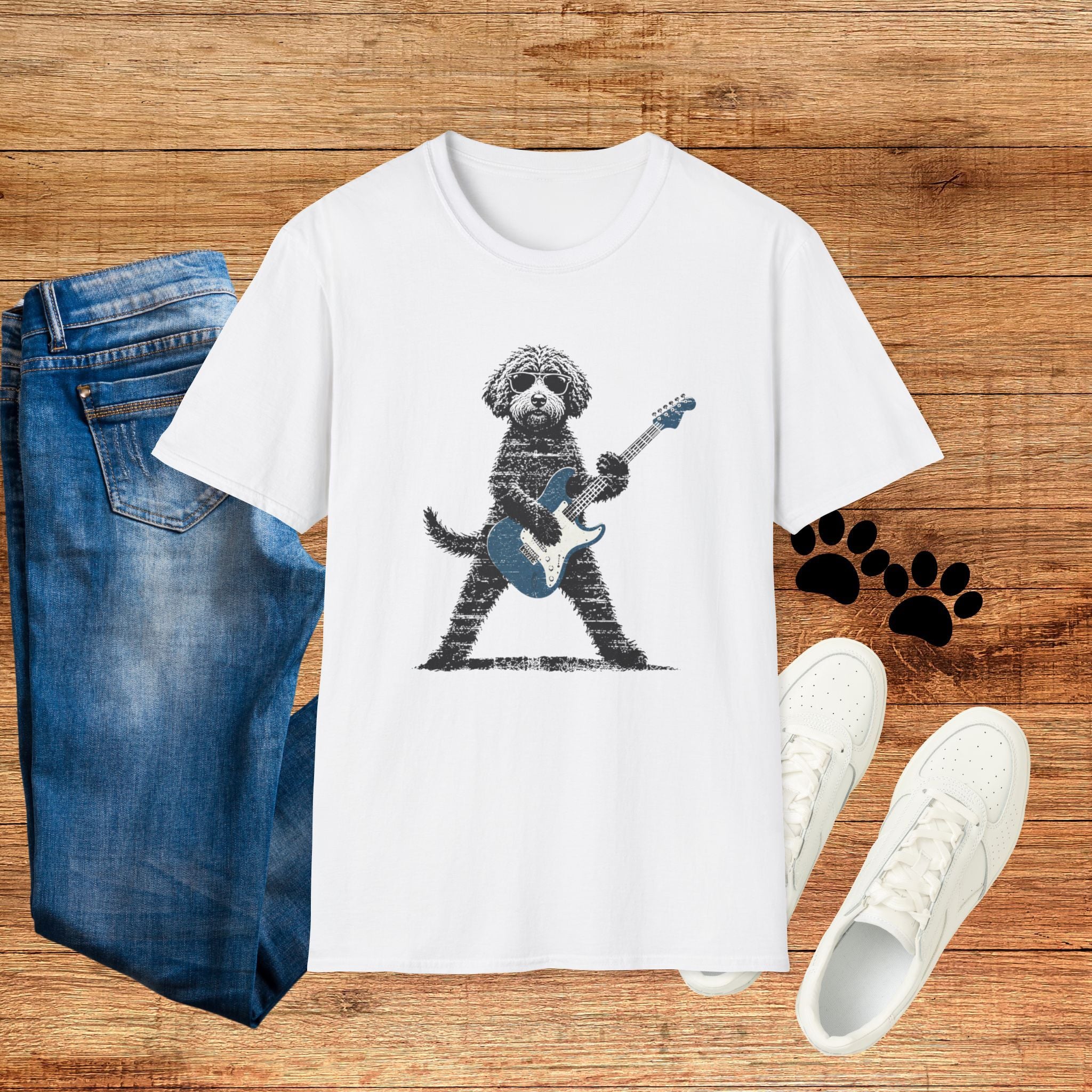 Dog Playing Electric Guitar T-Shirt – Cute Rocker Puppy Graphic Tee