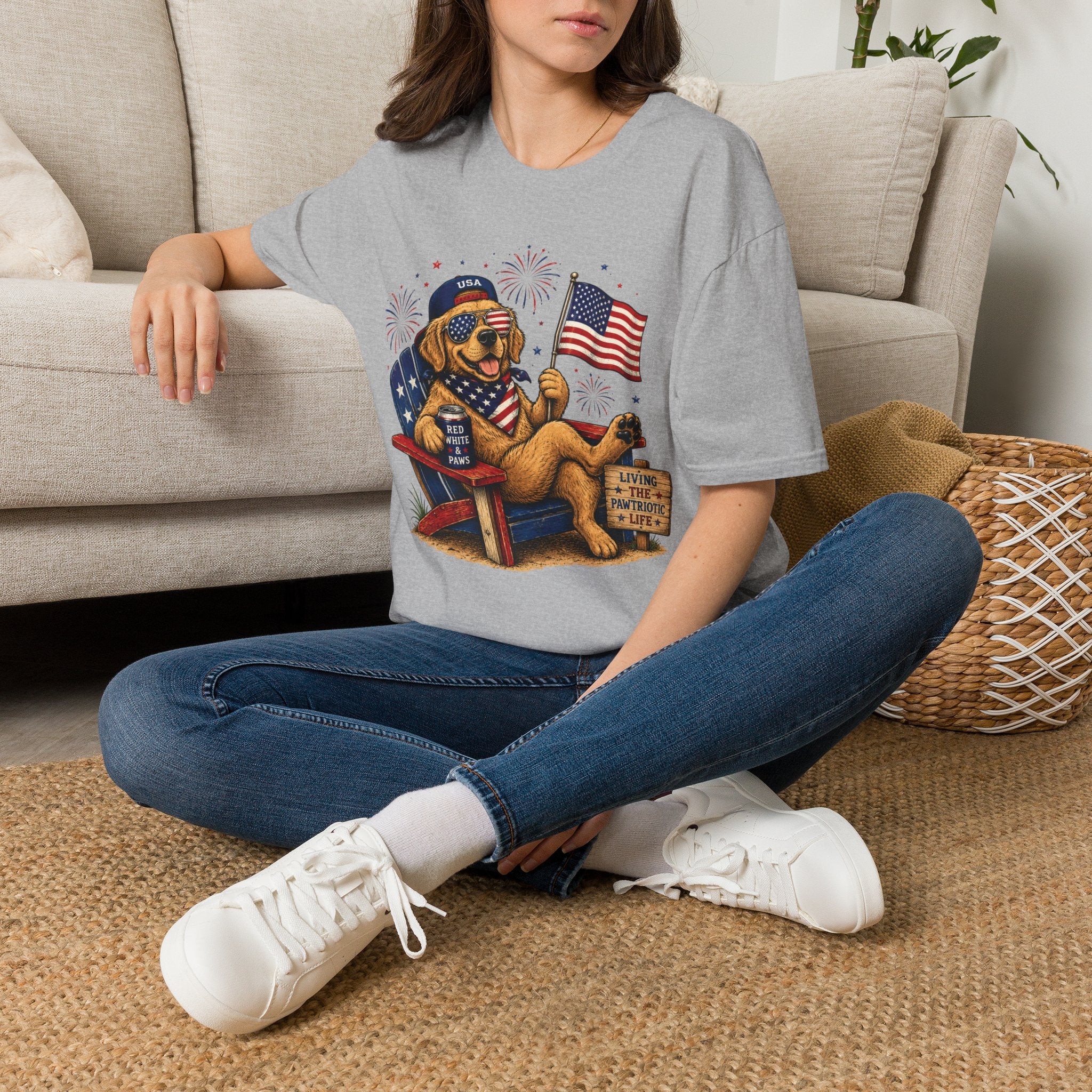Patriotic Golden Retriever T-Shirt — USA Flag, Sunglasses & Fireworks