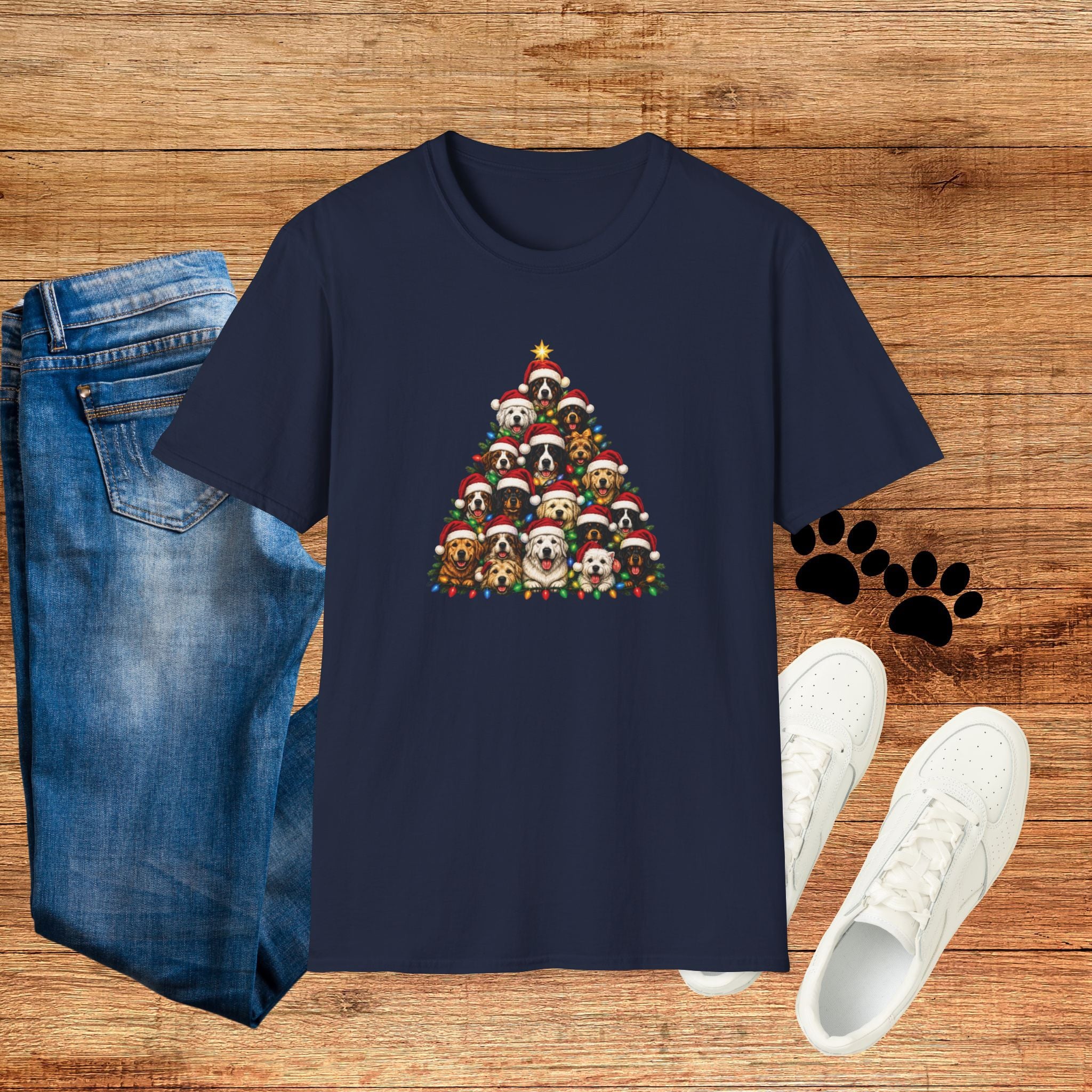 Christmas Dog Tree T-Shirt — Cute Holiday Puppies Pyramid Graphic Tee