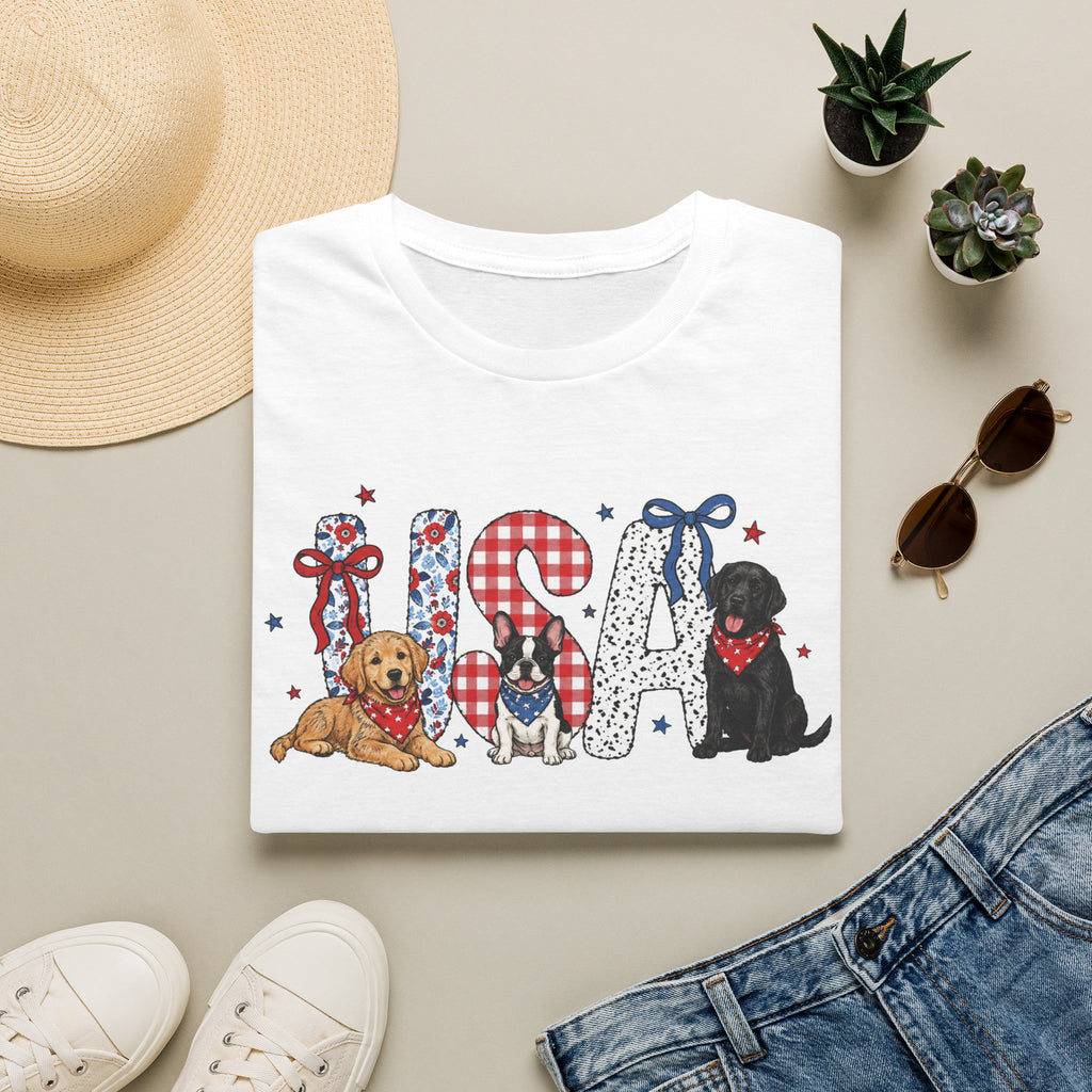USA Patriotic Dog T-Shirt — Red White Blue Lettering with Labrador & Puppy Design