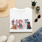 USA Patriotic Dog T-Shirt — Red White Blue Lettering with Labrador & Puppy Design