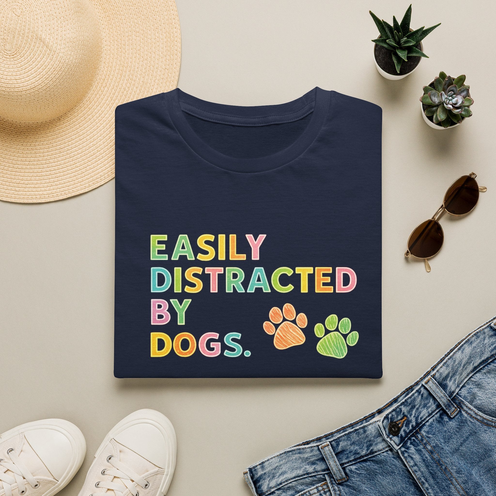 Easily Distracted By Dogs T-Shirt — Cute Colorful Paw Print Tee for Dog Lovers