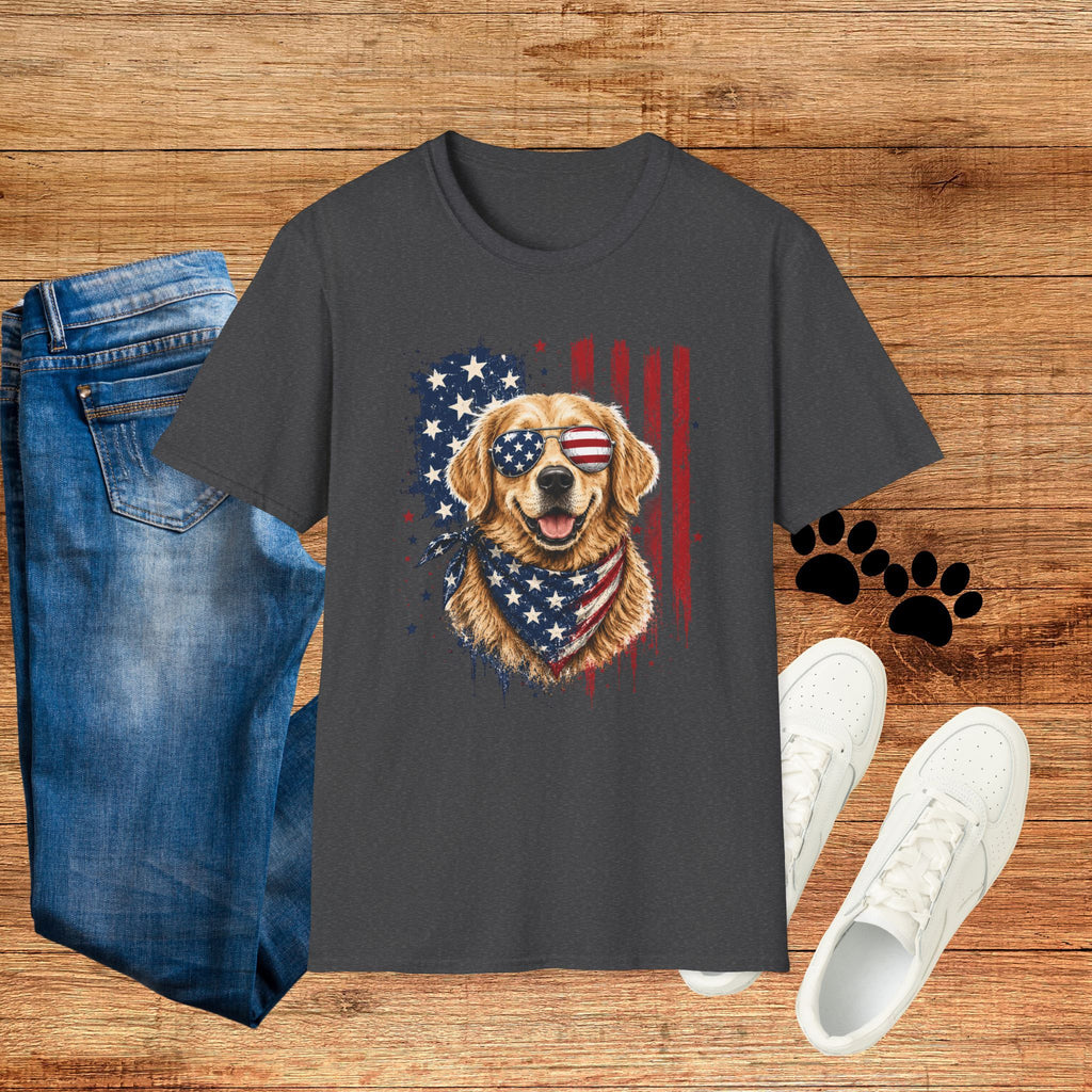 Patriotic Golden Retriever T-Shirt — American Flag Sunglasses & Bandana
