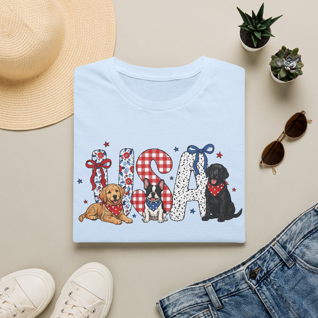USA Patriotic Dog T-Shirt — Red White Blue Lettering with Labrador & Puppy Design