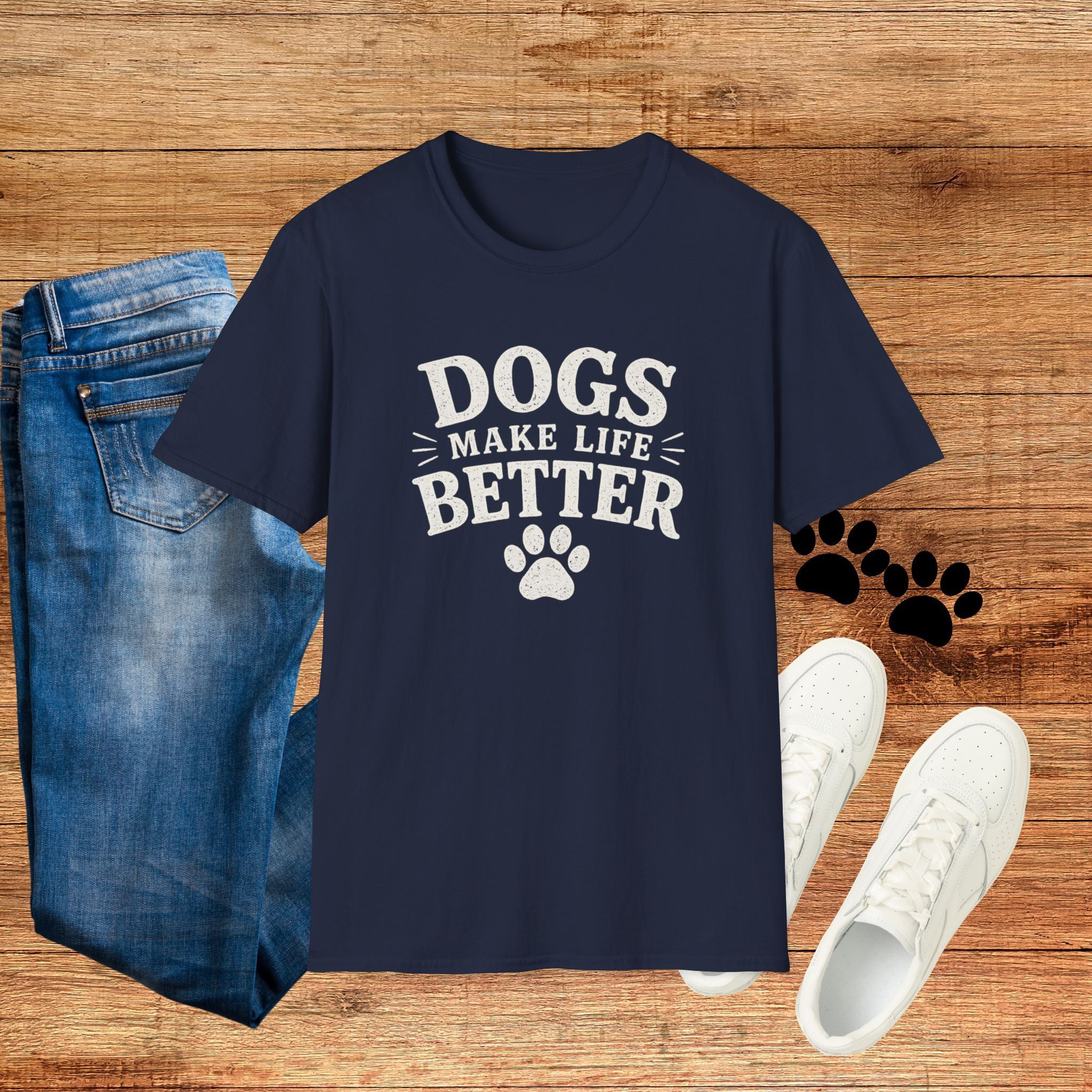 Dogs Make Life Better T-Shirt — Paw Print Dog Lover Tee