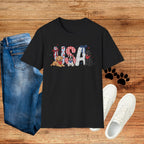 USA Patriotic Dog T-Shirt — Red White Blue Lettering with Labrador & Puppy Design