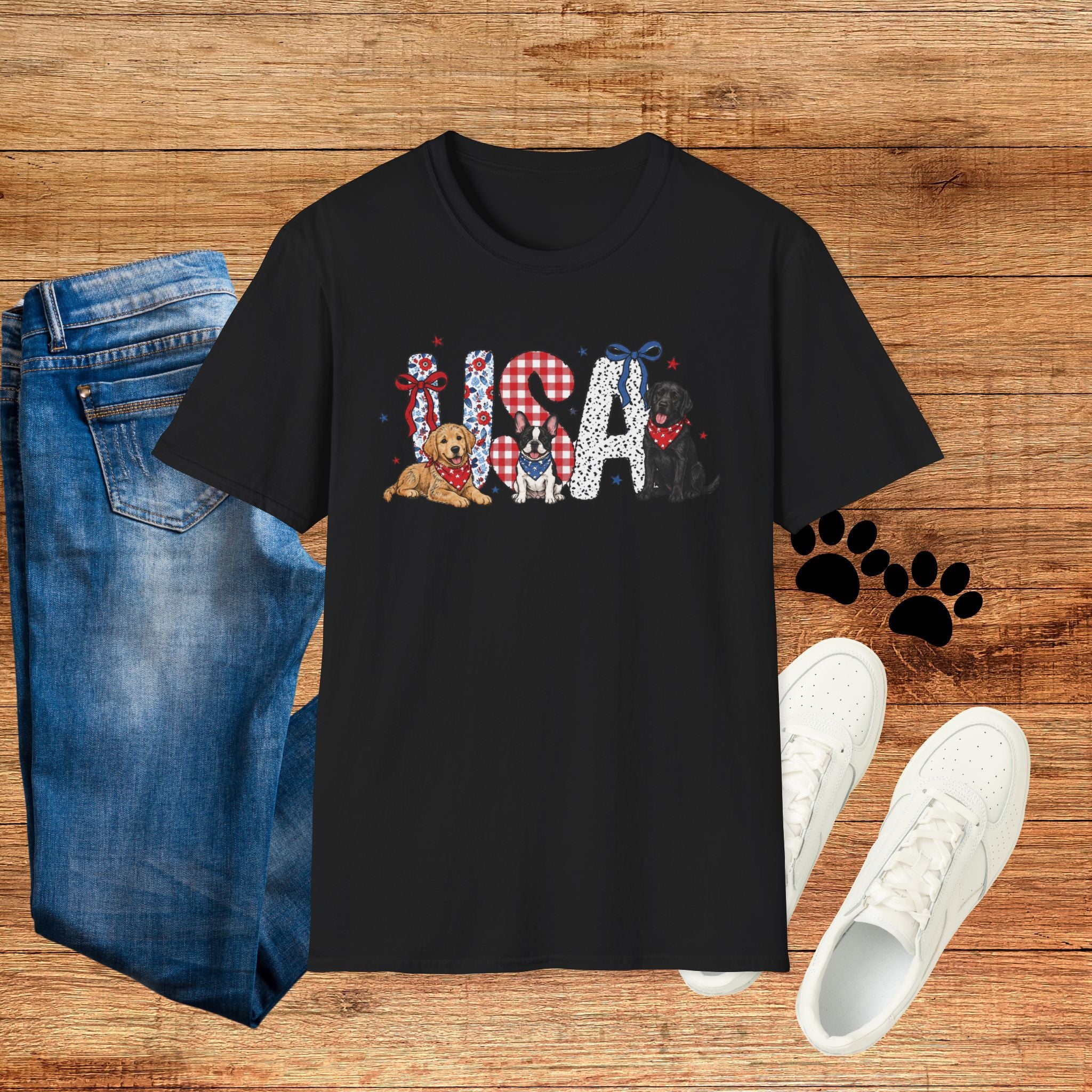 USA Patriotic Dog T-Shirt — Red White Blue Lettering with Labrador & Puppy Design