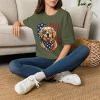 Patriotic Golden Retriever T-Shirt — American Flag Sunglasses & Bandana