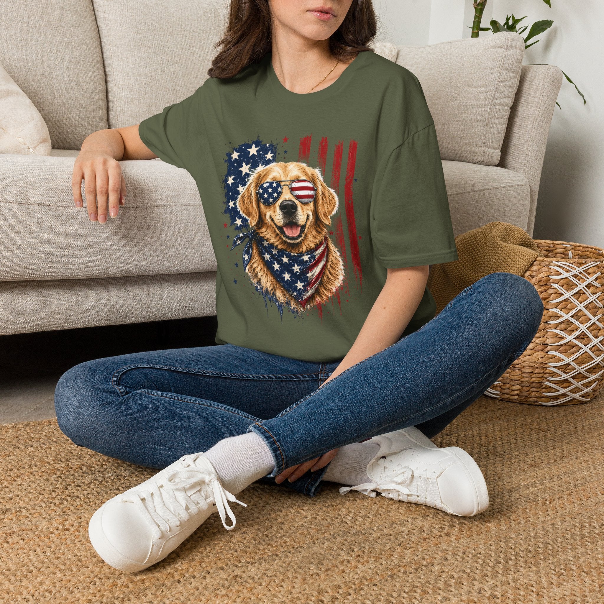Patriotic Golden Retriever T-Shirt — American Flag Sunglasses & Bandana