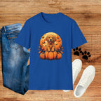 Halloween Pumpkin Puppy T-Shirt — Cute Golden Retriever with Bats & Bowtie