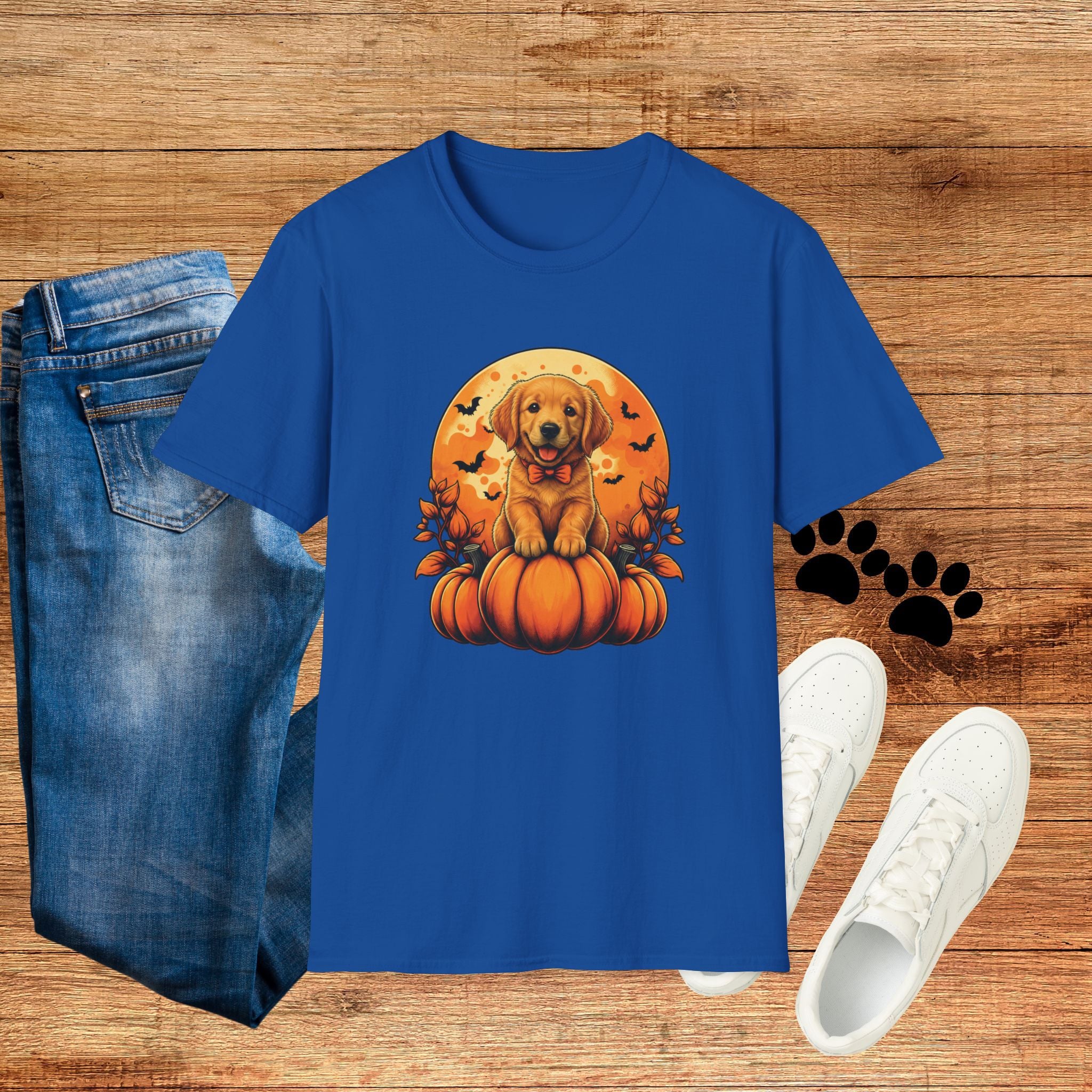 Halloween Pumpkin Puppy T-Shirt — Cute Golden Retriever with Bats & Bowtie