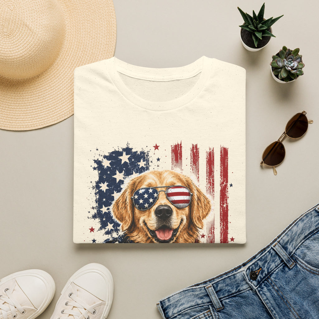 Patriotic Golden Retriever T-Shirt — American Flag Sunglasses & Bandana