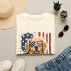 Patriotic Golden Retriever T-Shirt — American Flag Sunglasses & Bandana