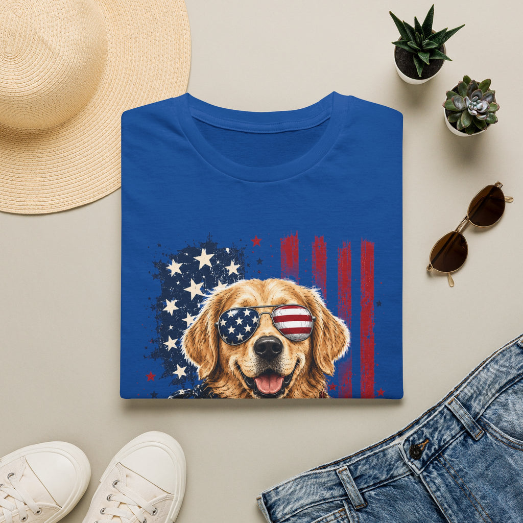 Patriotic Golden Retriever T-Shirt — American Flag Sunglasses & Bandana
