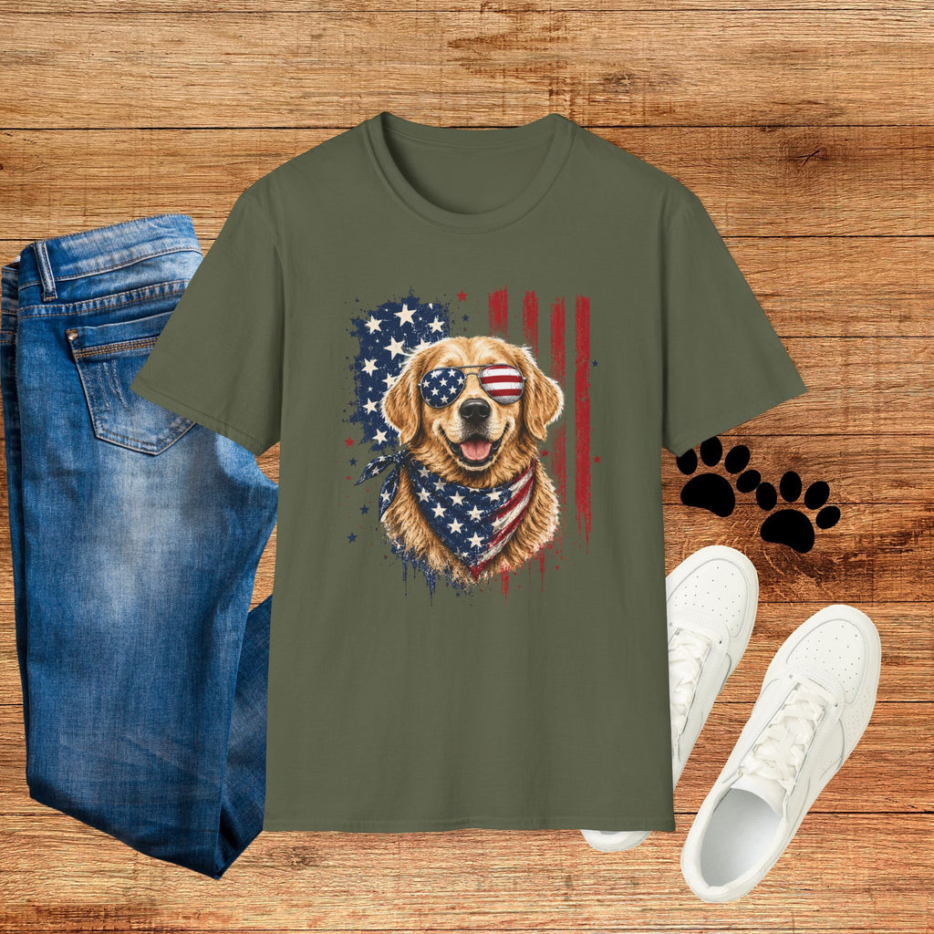 Patriotic Golden Retriever T-Shirt — American Flag Sunglasses & Bandana