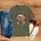 Patriotic Golden Retriever T-Shirt — American Flag Sunglasses & Bandana
